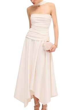 Commense White Asymmetrical Hem Ruched Halter Midi Dress NWT Small